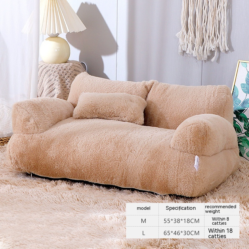 Beige plush sofa with size and weight information label on a light background