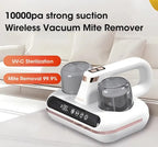 Wireless vacuum mite remover with text highlighting features on a white background