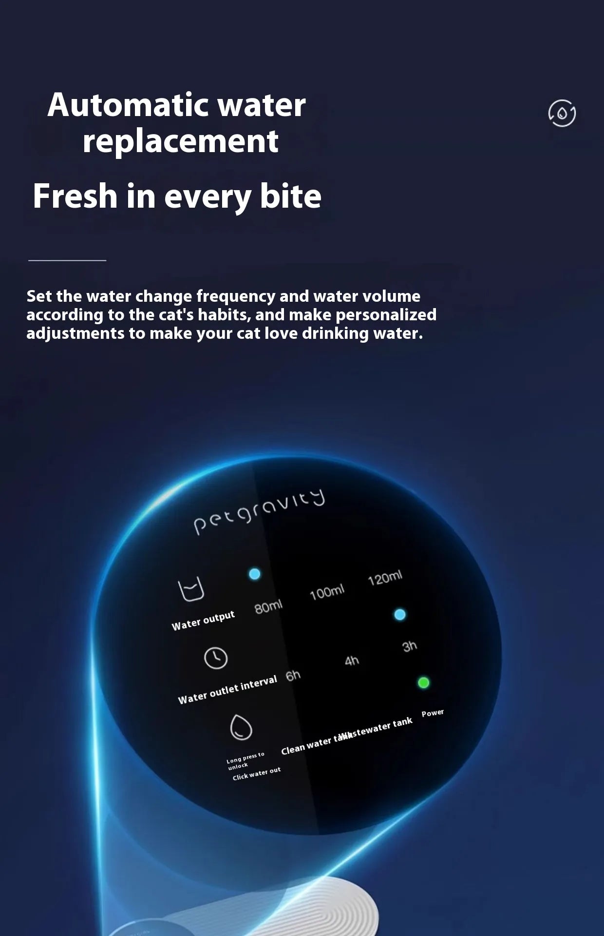 Advertisement for a pet water dispenser with text about automatic water replacement on a dark blue background.