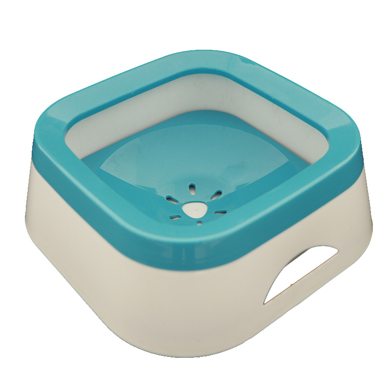 Pet water fountain with blue top and beige base on a white background