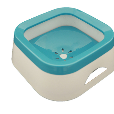 Square pet water bowl with blue rim on a white background
