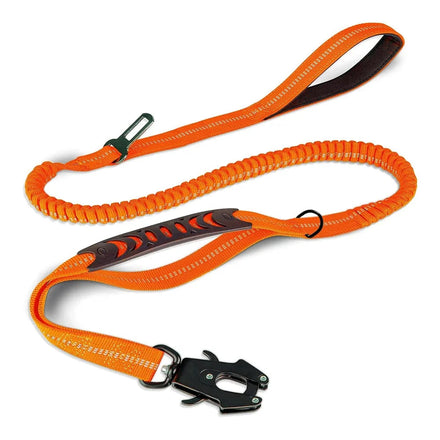 Orange dog leash with black clip on a white background