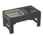 Pet feeding station with two bowls on a white background
