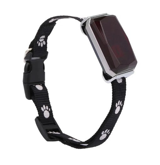 Black dog collar with paw prints and a rectangular electronic device on a white background