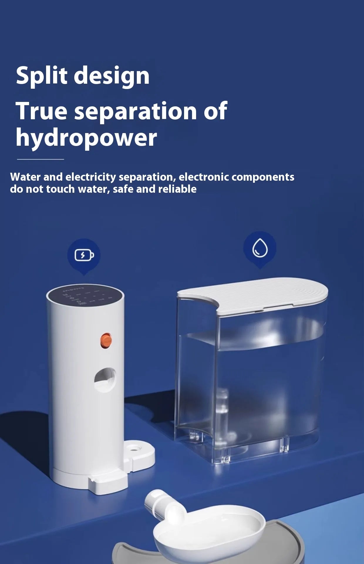 Hydropower separation device with text on a blue background
