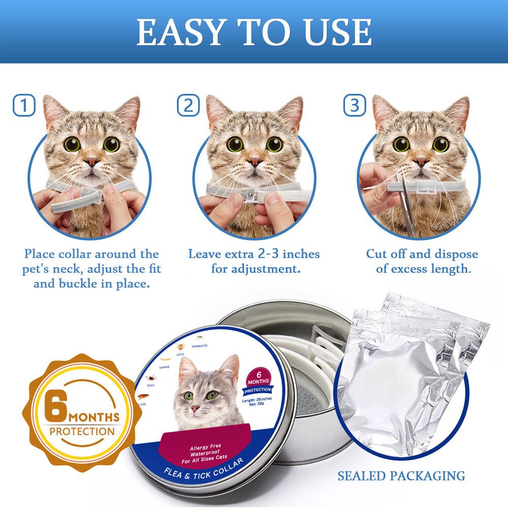 Cat flea and tick collar with usage instructions and product packaging on a white background