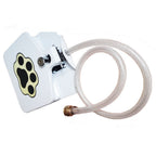 Shower head with hose and paw print design on a white background