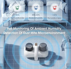 vacuum device with humidity monitoring with text on humidity levels and a blurred background of a room.
