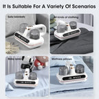 Product used on various surfaces including a sofa blanket, mattress pillows, and baby space with text indicating suitability for different scenarios.