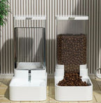 Pet food dispenser with transparent top and white base on a wooden floor.