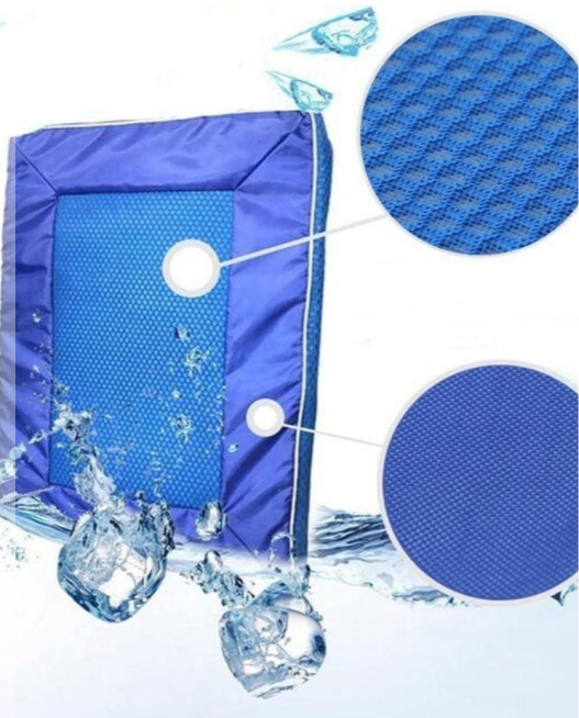 Blue cooling pad with water droplets and close-up details on a white background
