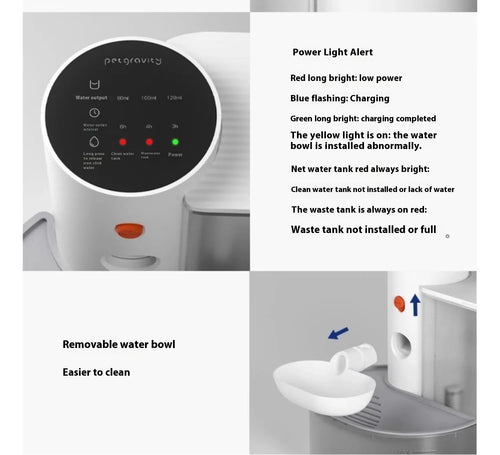 Petrovsky pet water dispenser with power light alert and removable water bowl features.
