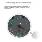 Round cat toy with feather and text on a white background