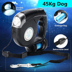 Retractable dog leash with flashlight and garbage bag holder on a blue background