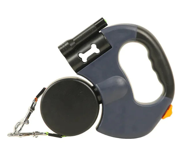 Retractable dog leash with flashlight and clip on a white background