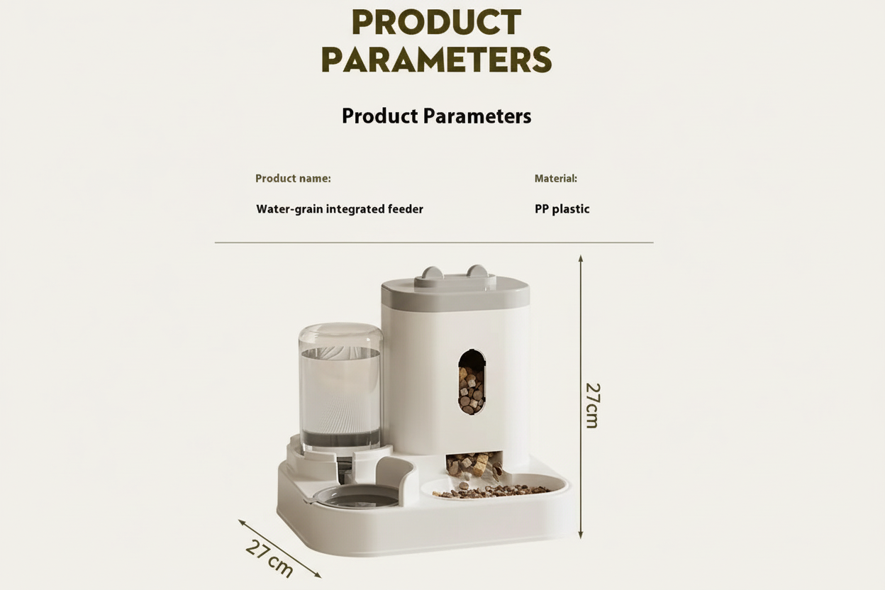 Product parameters of the automatic gravity Pet feeder and water dispenser with dimensions on a white background