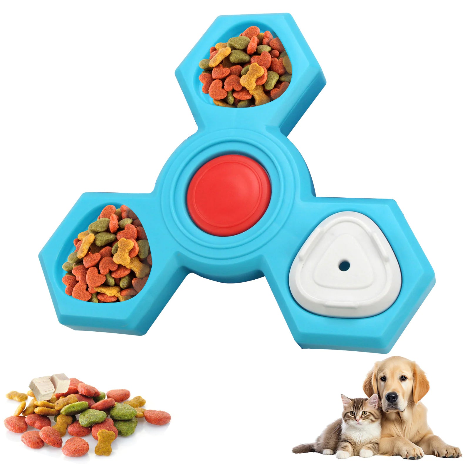 Blue pet toy with compartments filled with treats, next to a dog and cat, on a white background.