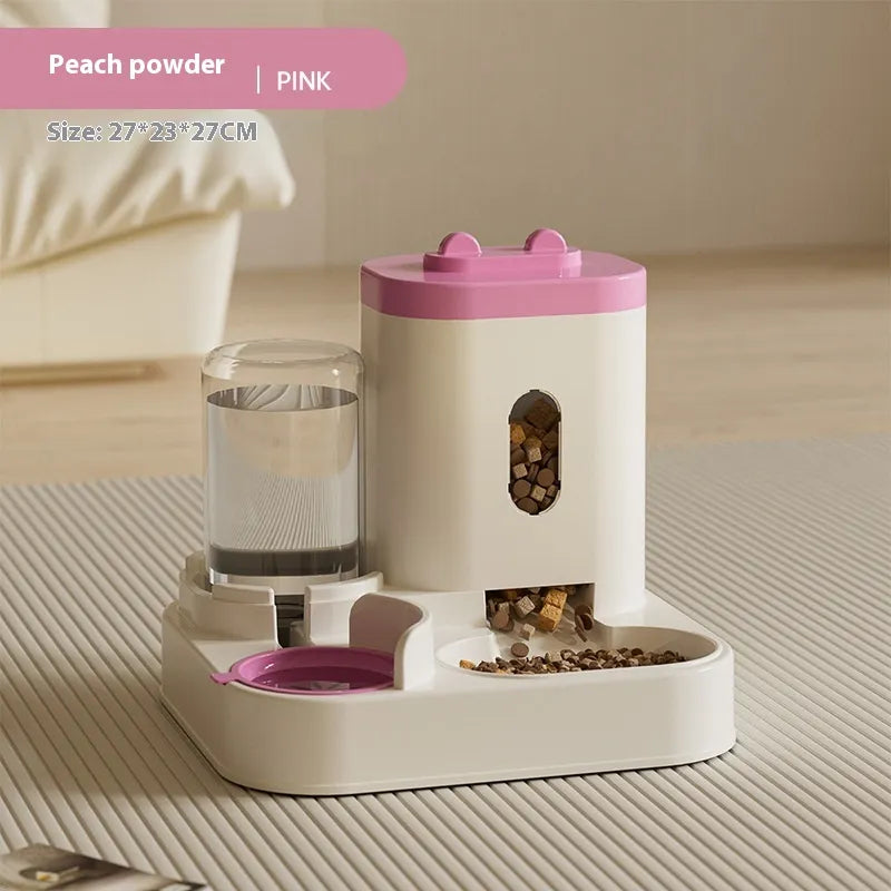 automatic gravity Pet feeder and water dispenser with pink top on a neutral background