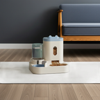 automatic gravity pet feeder and water dispenser on a wooden floor.