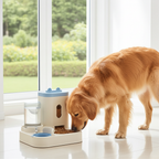 Dog eating from a pet feeder and water dispenser in a bright room with large windows.