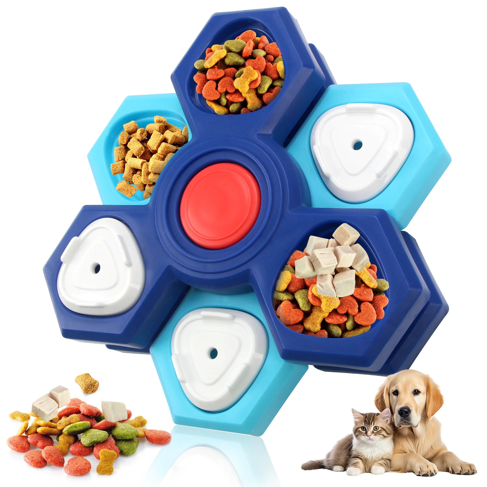 Pet toy with multiple compartments filled with treats, accompanied by a dog and a cat.