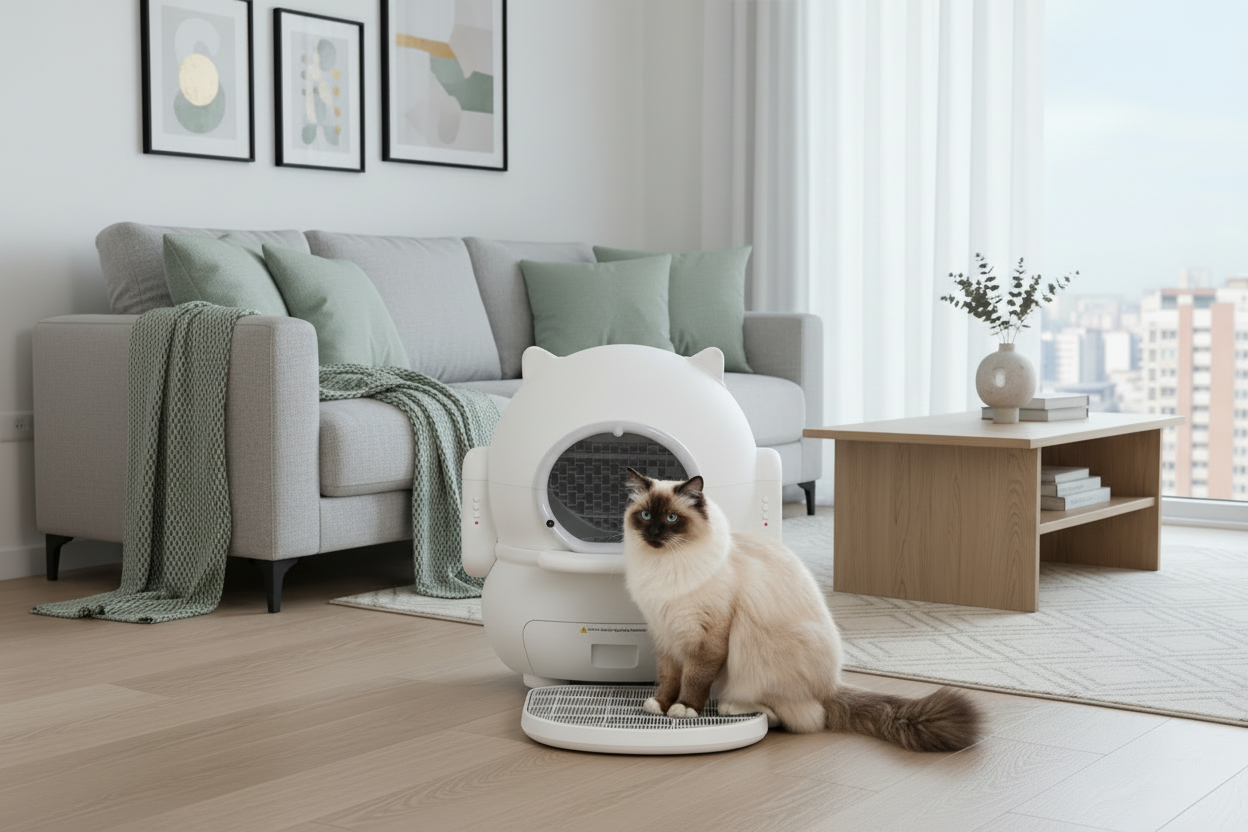 Cat sitting next to a self-cleaning litter box in a bright room with a cityscape view.