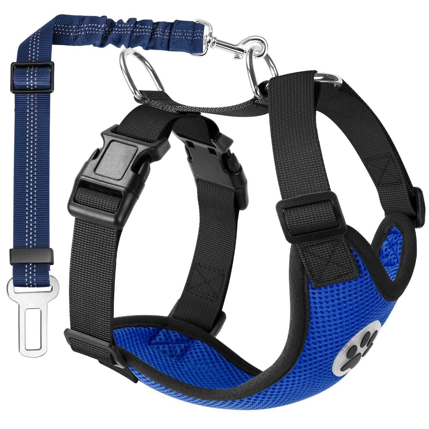 Blue and black dog harness with a leash on a white background