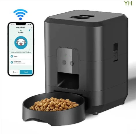 Black pet feeder with a bowl of kibble and smartphone app interface on a white background