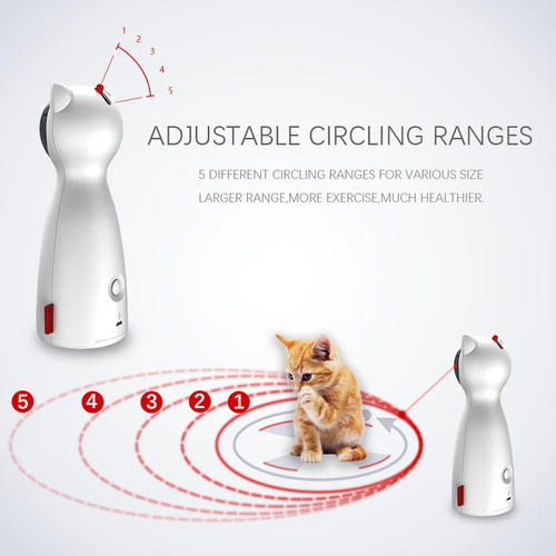Cat toy with adjustable circling ranges for cats, showing a cat interacting with it.
