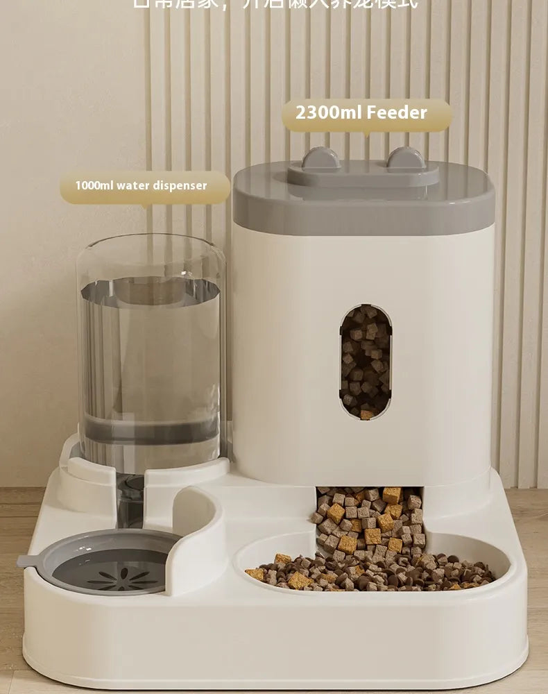 automatic gravity pet feeder and water dispenser with 2300ml feeder and 1000ml water dispenser.