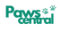 Logo of Paws Central with green text and paw prints on a white background
