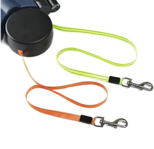Two dog leashes, one orange and one green, with metal clips on a white background.