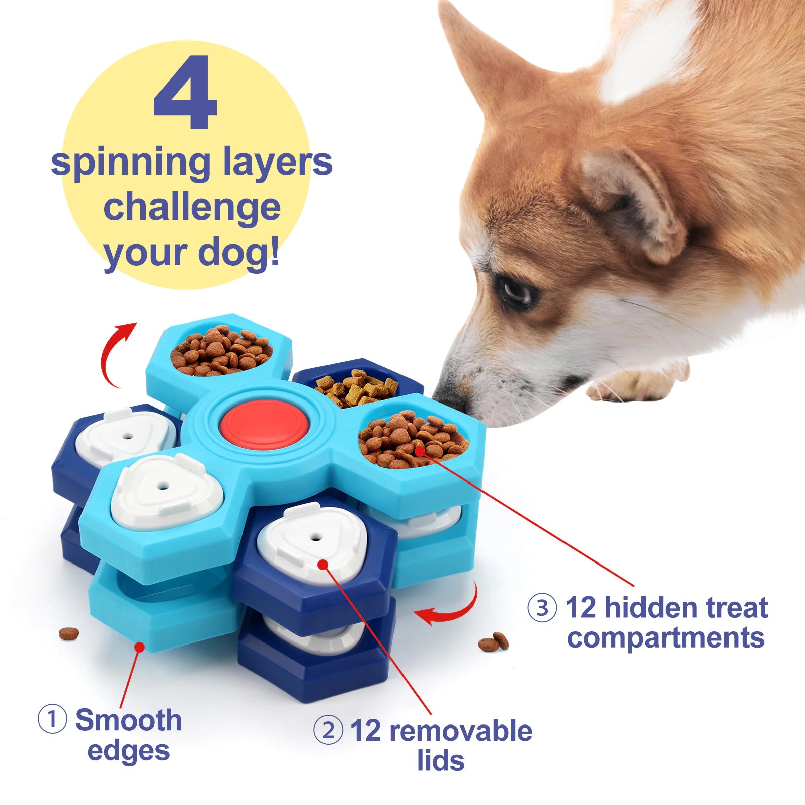 Dog puzzle toy with text highlighting features, including a dog interacting with it.