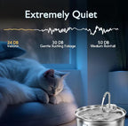 Cat sleeping on a cushion with a water fountain labeled 'Extremely Quiet' and noise levels.