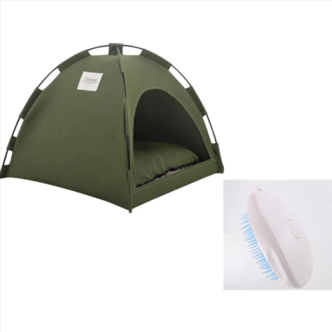 Green tent with a brush on a white background