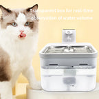 Cat next to a transparent pet water fountain with text about real-time water volume observation.