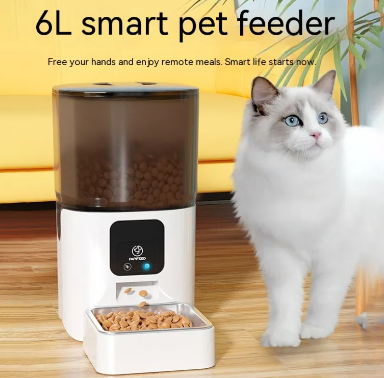 6L smart pet HD camera feeder with a cat next to it on a wooden floor.