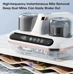 Cleaning device with digital display and dust mite illustration on a light blue background