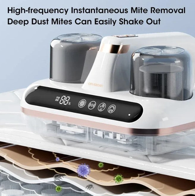 Cleaning device with digital display and dust mite illustration on a light blue background