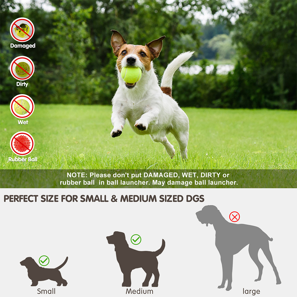 Dog playing with a ball in a park with text about ball launcher compatibility.