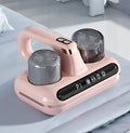 Pink electronic device with two transparent containers on a light gray surface