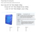Pet cooling pad with size, weight, and material information on a white background