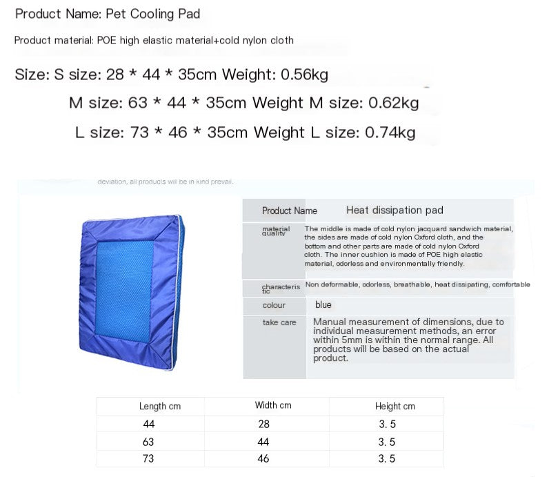 Pet cooling pad with size, weight, and material information on a white background