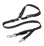 Black dog leash with carabiner and clip on a white background
