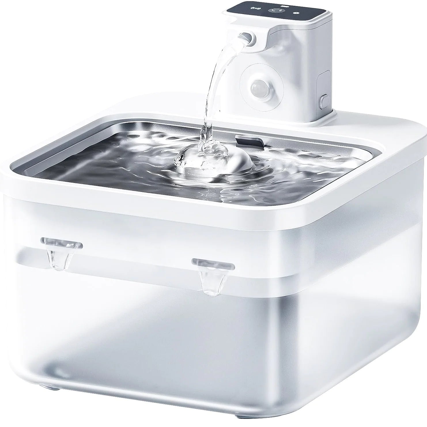 White pet water fountain with water flowing into a metal basin on a white background