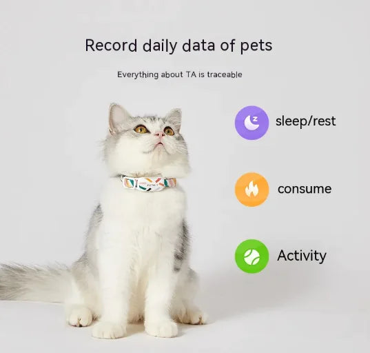 Cat wearing a collar with a digital interface showing sleep/rest, consume, and activity tracking on a gray background.