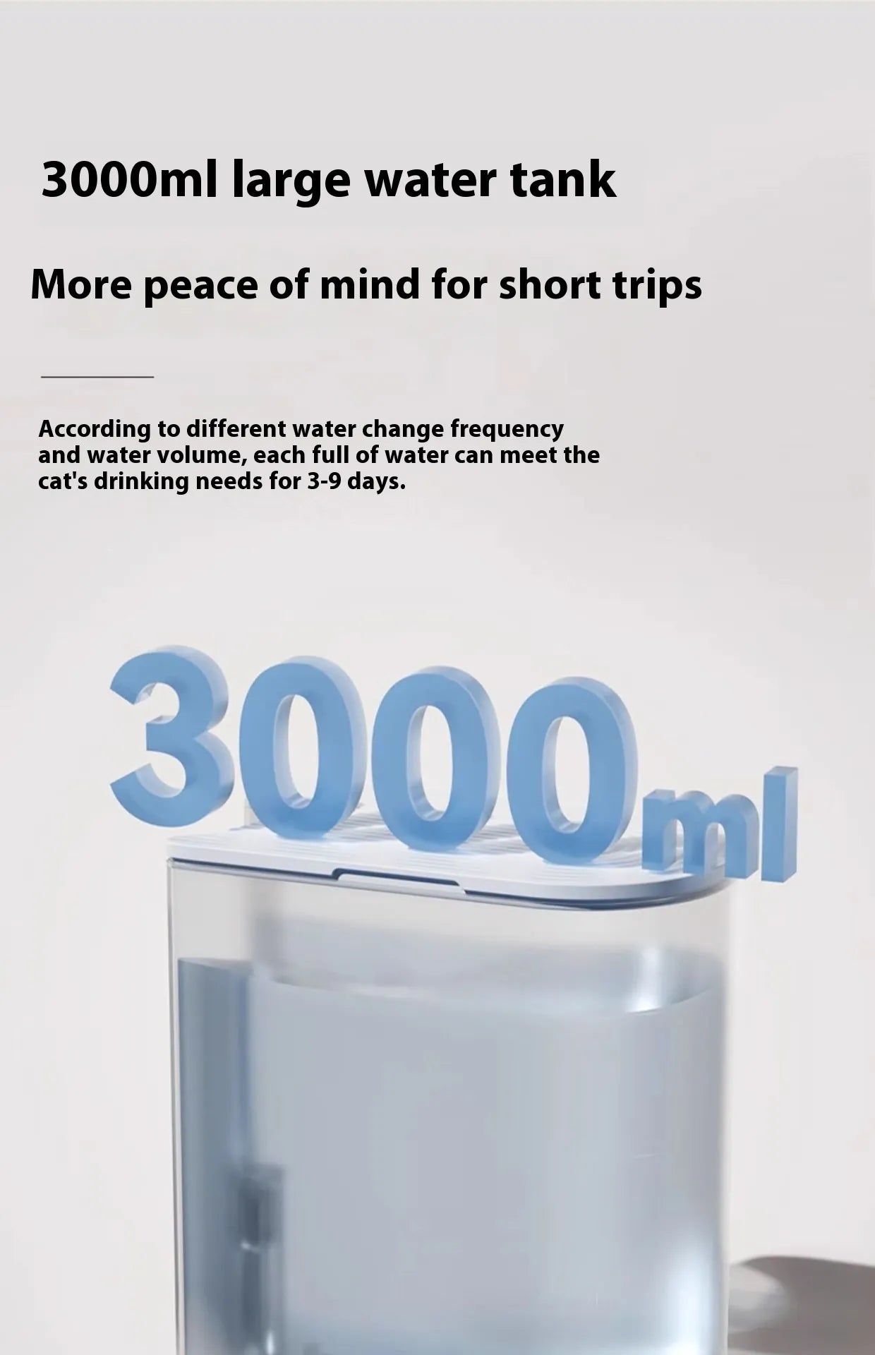Pet water dispenser with 3000ml water tank capacity on a light gray background