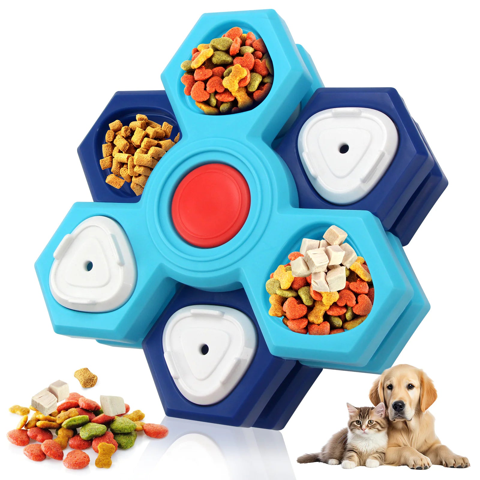 Blue and white puzzle toy with compartments filled with pet food, surrounded by pets on a white background.