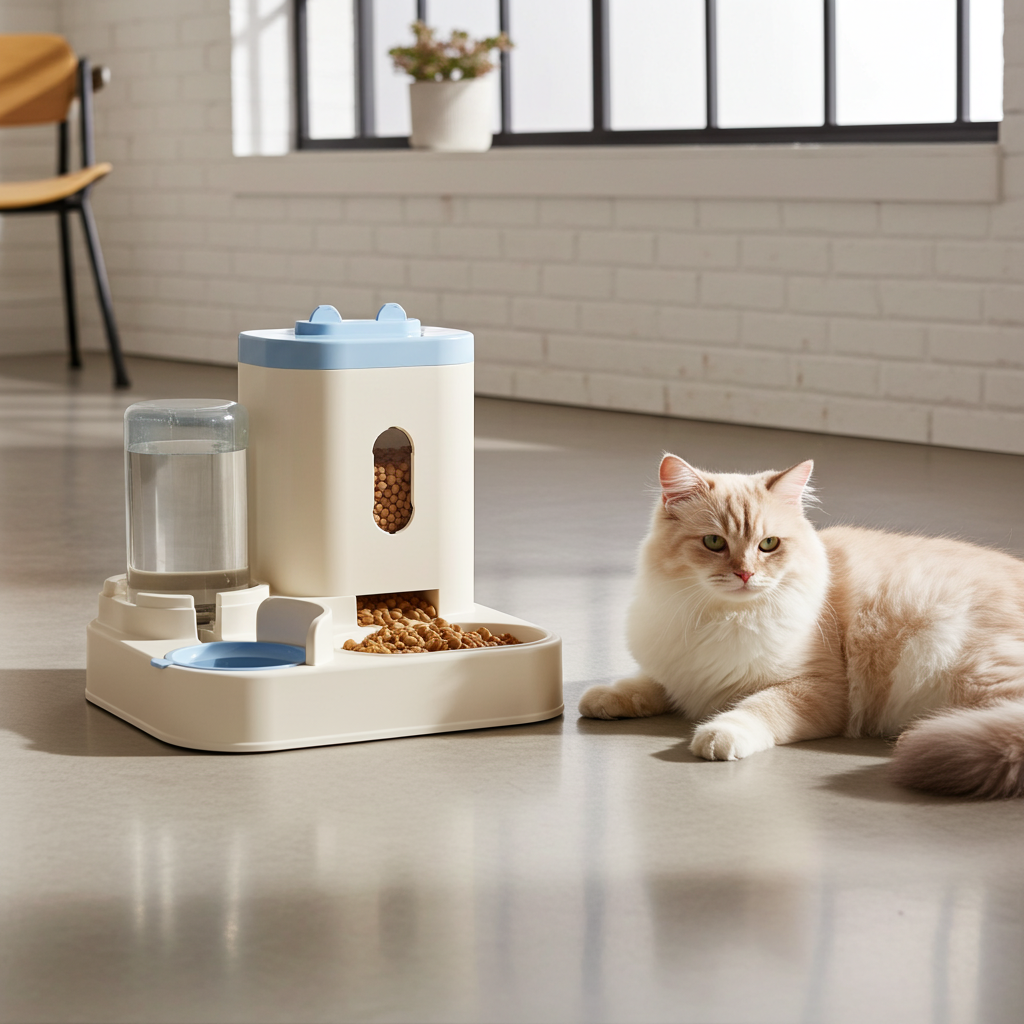 Cat sitting next to a modern feeder and water dispenser on a tiled floor.