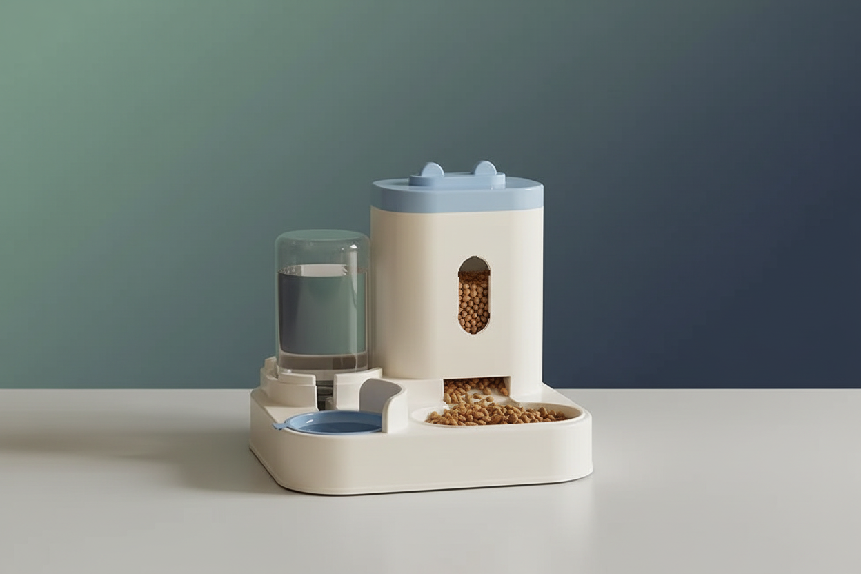 automatic gravity pet feeder and water dispenser on a gray surface with a green background